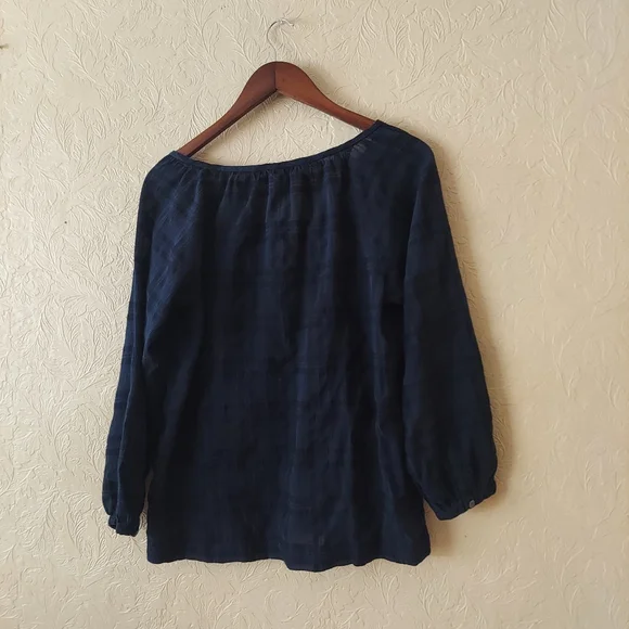 LOFT blue popover blouse subtle windowpane print Sz Small - Picture 6 of 9